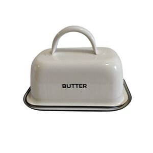 CROFTON Farmhouse Enamelware Covered Butter Dish White Black Trim Large